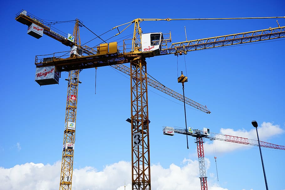 white and yellow crane, cranes, load lifter, site, baukran, build, HD wallpaper