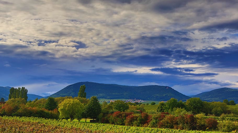 autumn, clouds, sky, landscape, nature, field, forest, mountains HD wallpaper