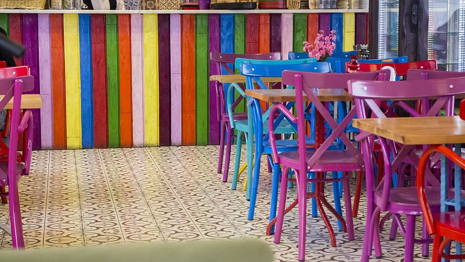 colors, table, chair, cafe, venue, seat, multi colored, furniture HD wallpaper
