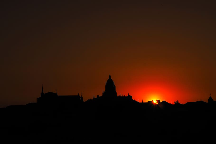 crespúsculo, silhouette, cathedral, segovia, sun, shadow, colors, HD wallpaper