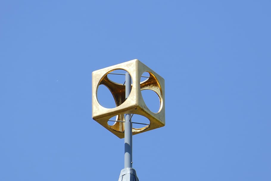 spire, cube, gold, geometry, sky, blue, clear sky, copy space HD wallpaper
