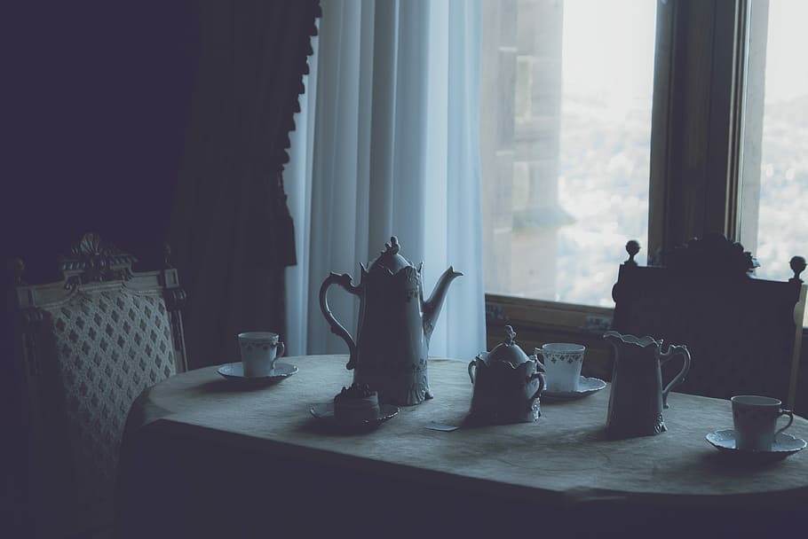 white ceramic tea set on white dining table near window, white ceramic teapot and cups on the table HD wallpaper