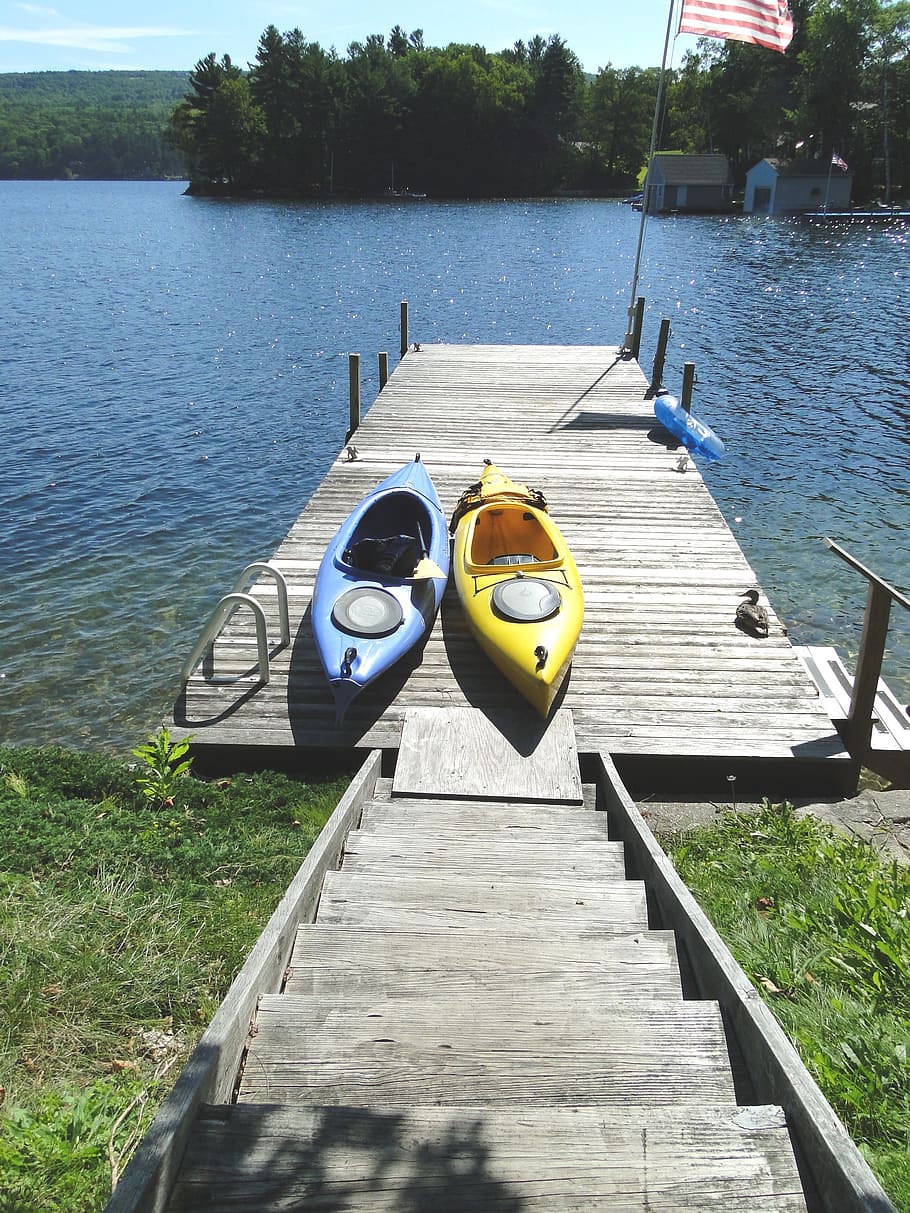 dock, summer, vacation, kayaks, lake, lake shore, sunshine HD wallpaper