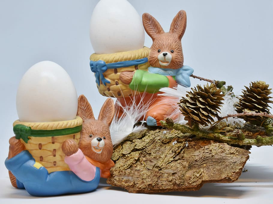 two brown rabbit ceramic figurines, easter, celebration, egg, HD wallpaper
