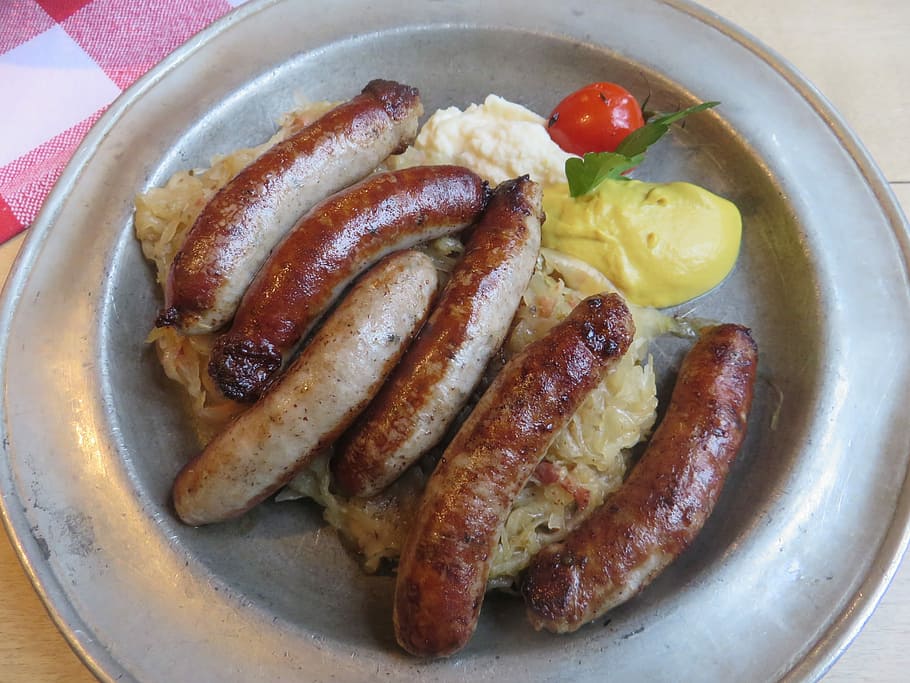 Bratwurst, Herb, Nuremberg, food and drink, plate, seafood HD wallpaper