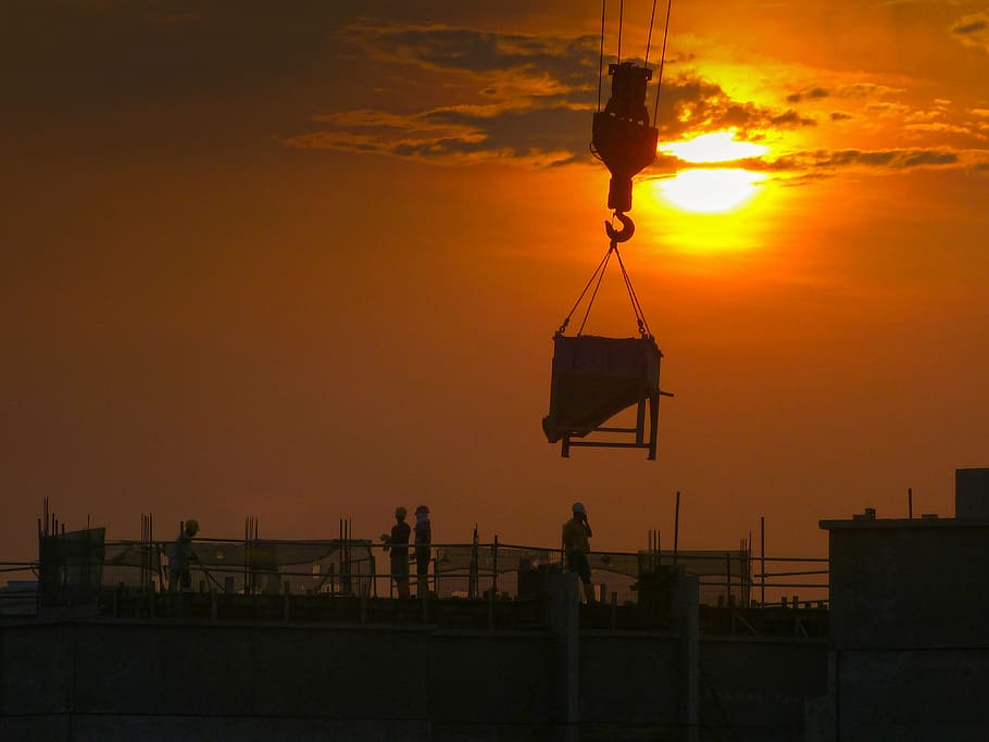 crane lifting brown wooden box, construction, building construction HD wallpaper