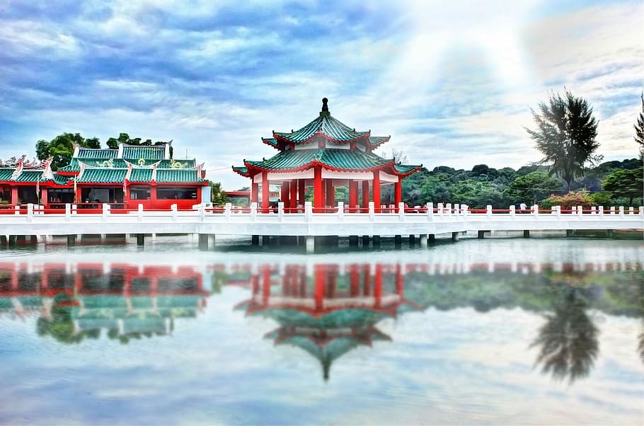 Chinese temple near calm body of water, time lapse photography of temple HD wallpaper