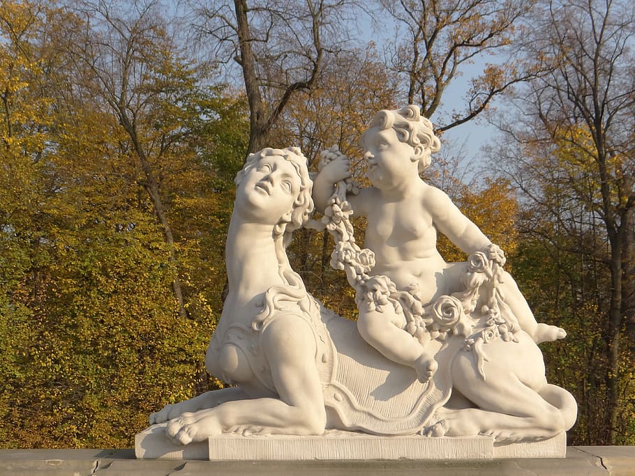 sphinx, putto, sculpture, copy, redler, monument, garden, the palace HD wallpaper