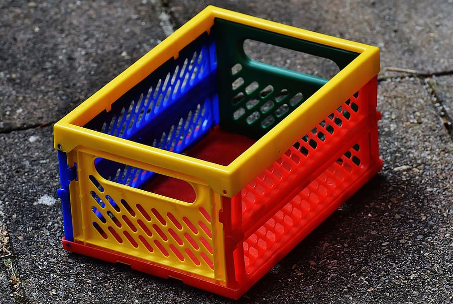 yellow, green, and orange plastic crate, folding box, shopping HD wallpaper