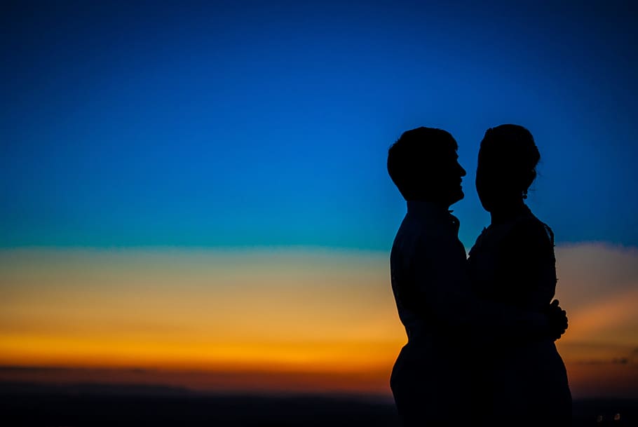 silhouette, casal, blue, two people, love, men, togetherness HD wallpaper