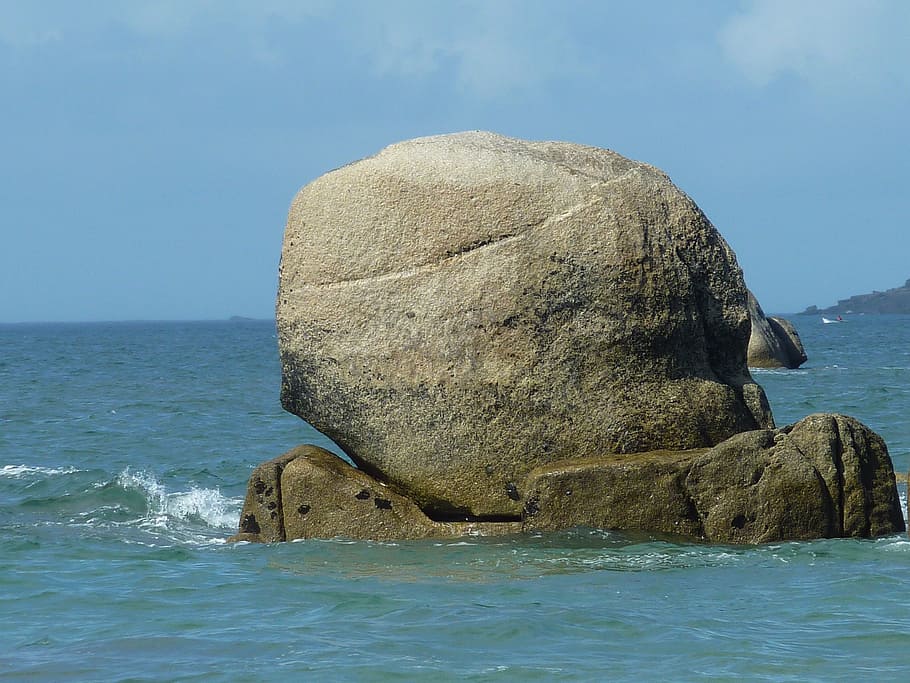 rock, sea, coastline, nature, rock - Object, beach, blue, water HD wallpaper
