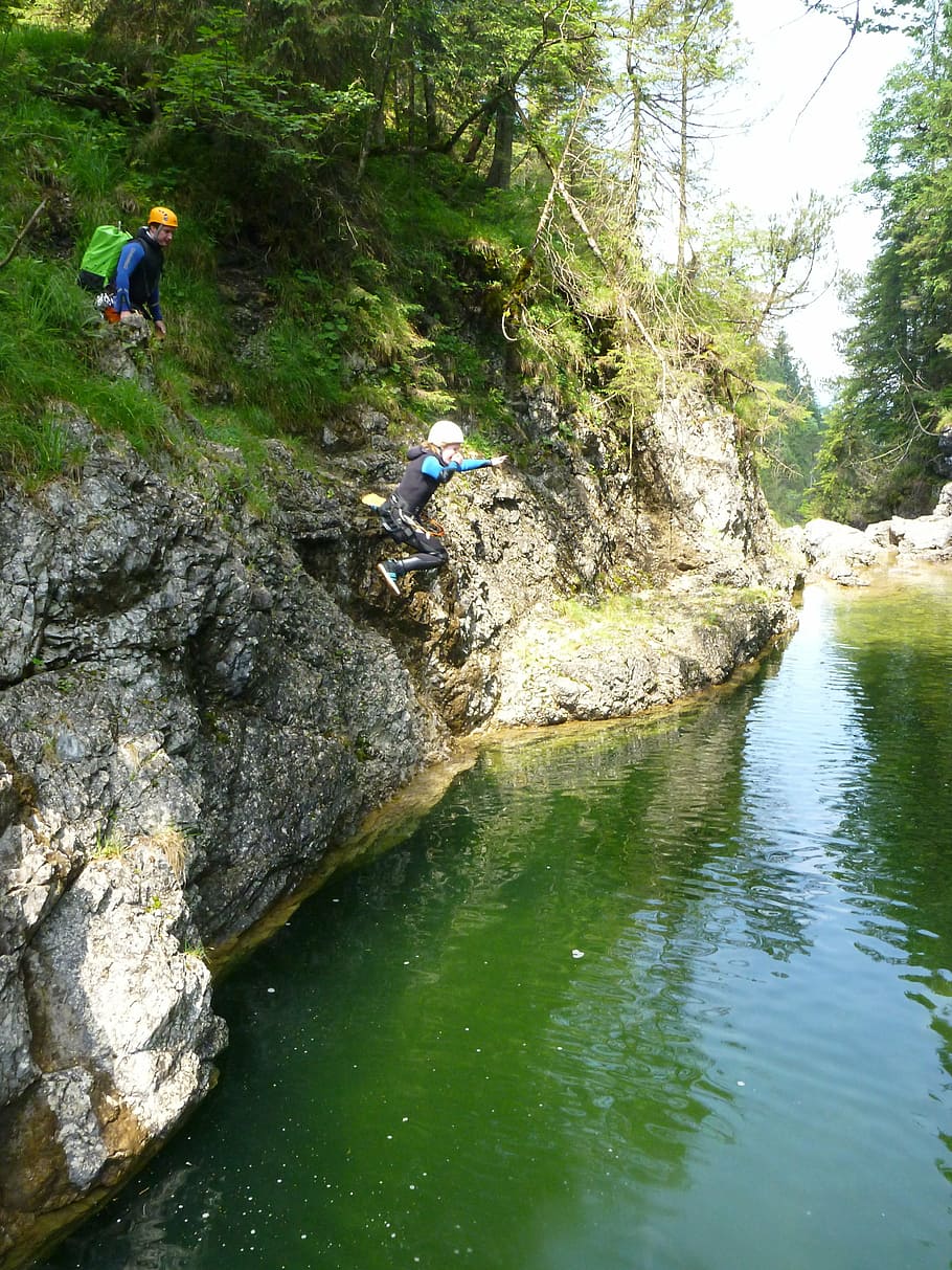 canyoning, waterfall, river, gorge, neoprene, white water, nature HD wallpaper