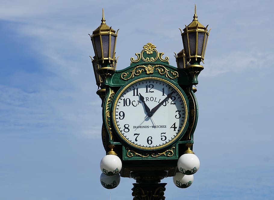 green clock tower at 11:07, pointer, clock face, old, museum port seattle, HD wallpaper