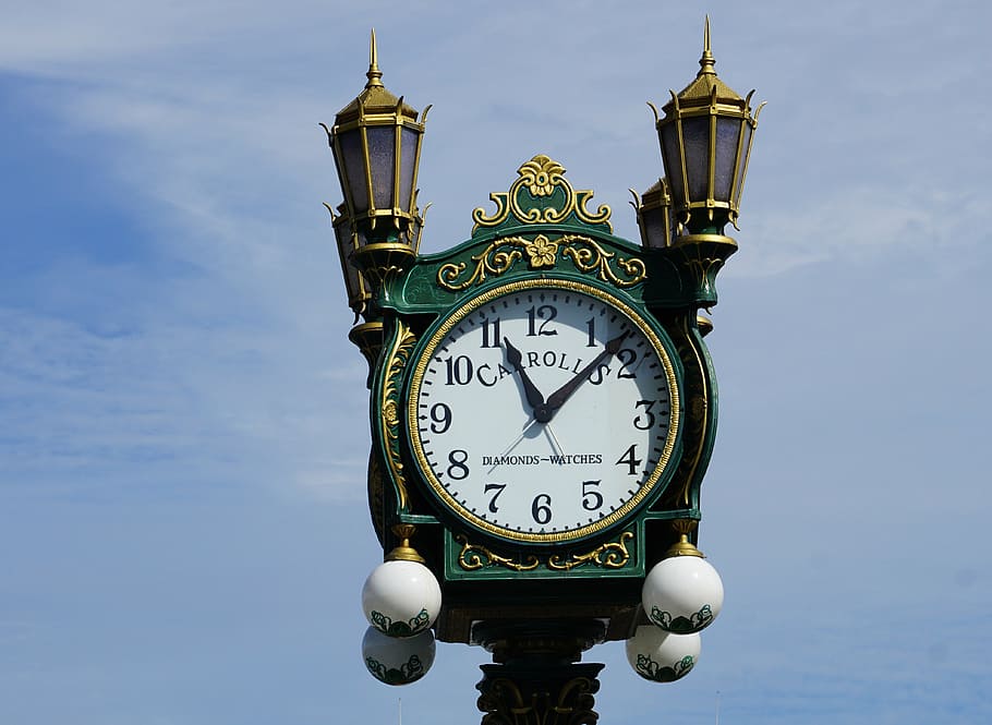 green clock tower at 11:07, pointer, clock face, old, museum port seattle HD wallpaper