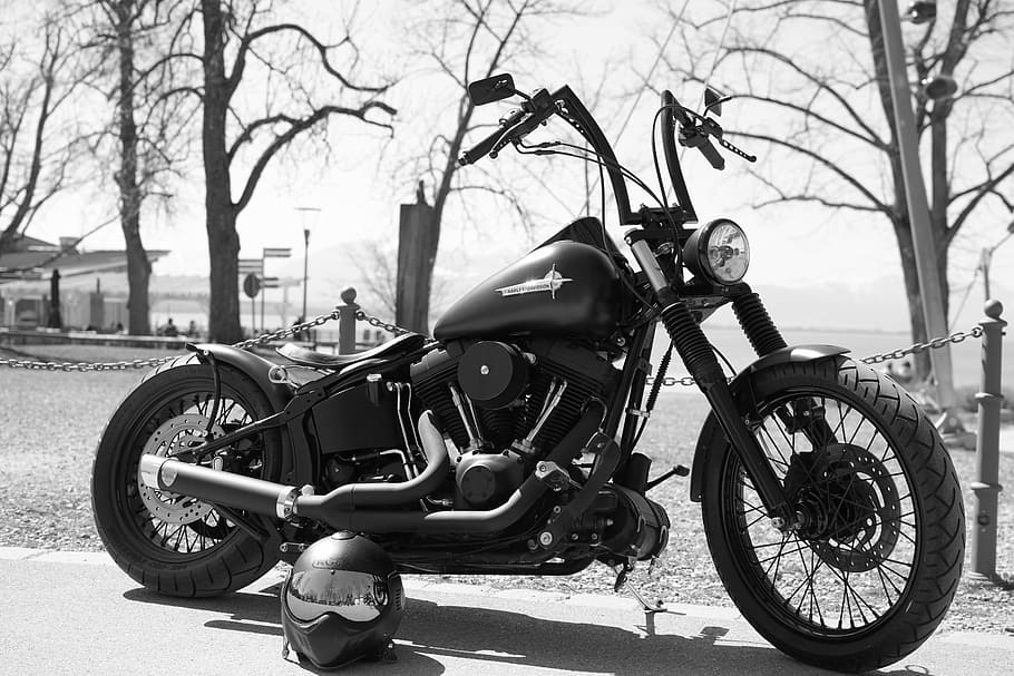 grayscale photography of cruiser motorcycle near helmet, harley, HD wallpaper