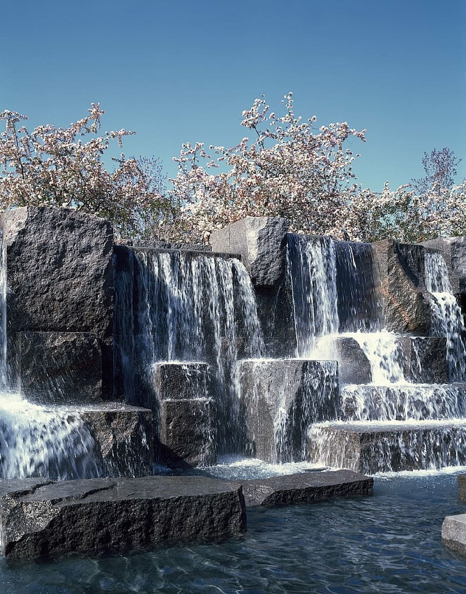 waterfall, memorial, trees, cherry, rock, scenic, washington HD wallpaper