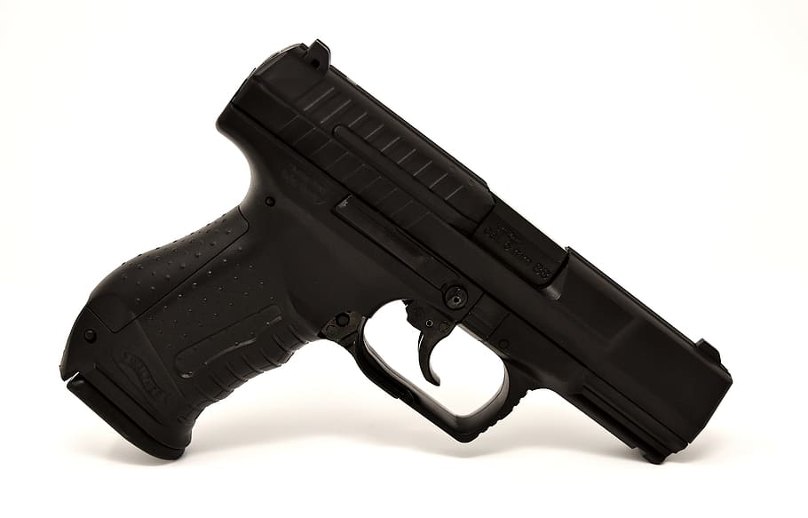 black semi-automatic pistol against white background, sport, airsoft