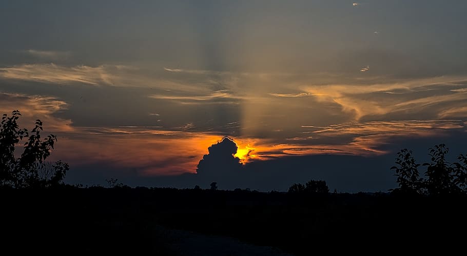 Sunset, Sky, Landscape, Sunlight, silhouette, nature, tranquility HD wallpaper