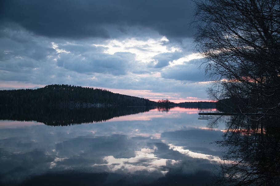 lake, sky, reflection, night, evening, dark, water, nature HD wallpaper