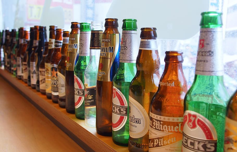 view of empty drinking bottles, beer, cafe, beverage, glass HD wallpaper