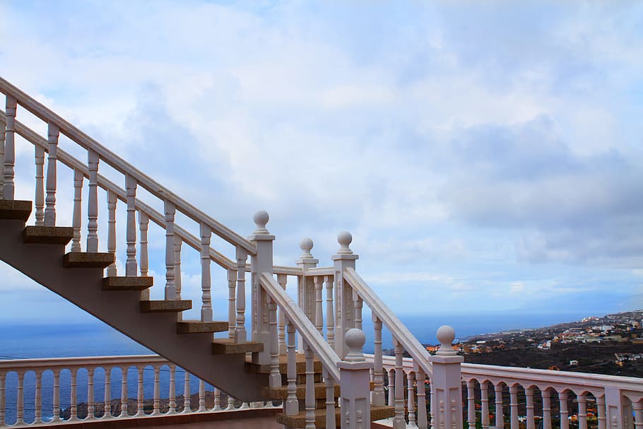 stairs, sky, background, house, blue, steps, stairway, building, HD wallpaper