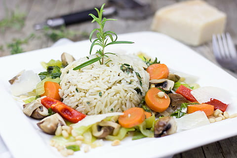 boiled rice on white ceramic plate, vegetables, herbs, vegetarian HD wallpaper