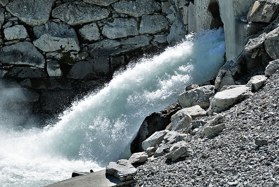 water raging from creek, waters, flow, waterfall, murmur, spray HD wallpaper