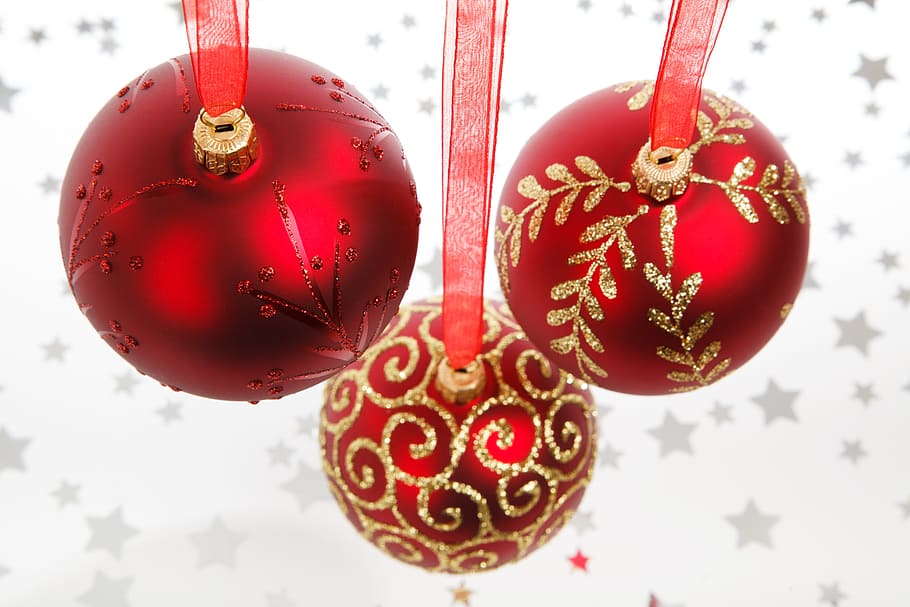three red ornaments, background, ball, bauble, celebration HD wallpaper