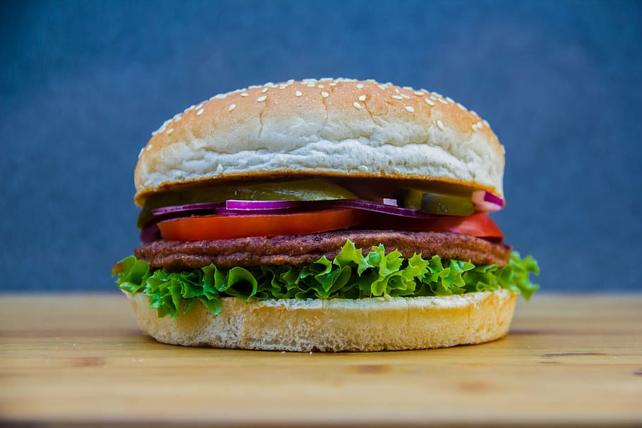 bread, hamburger, eating, breakfast, food, rolls, tomato, lettuce HD wallpaper