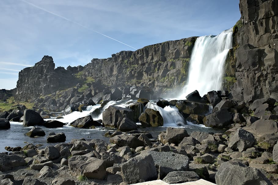 Iceland, Waterfall, Rocks, rock - object, motion, flowing water HD wallpaper