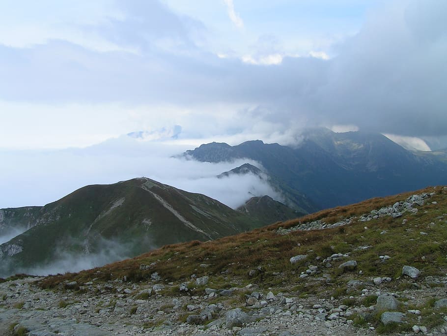 mountains, the path, trail, view, the fog, cloud - sky, beauty in nature HD wallpaper