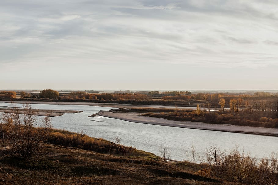 body of water surrounded with grasses, landscape photography of river HD wallpaper