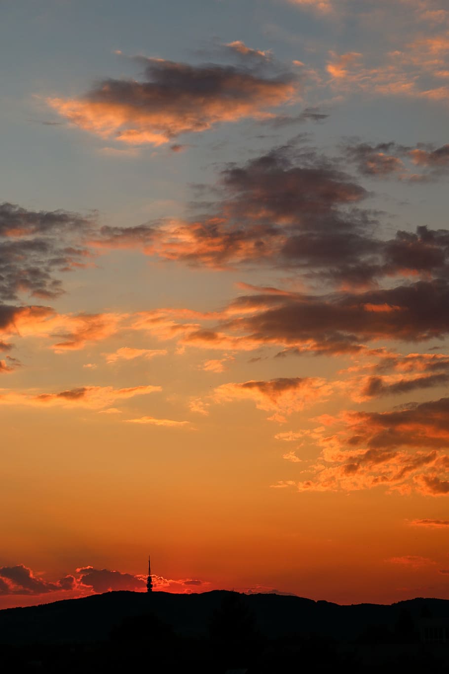 sunset, red, clouds, chamois, bratislava, transmitter, orange HD wallpaper