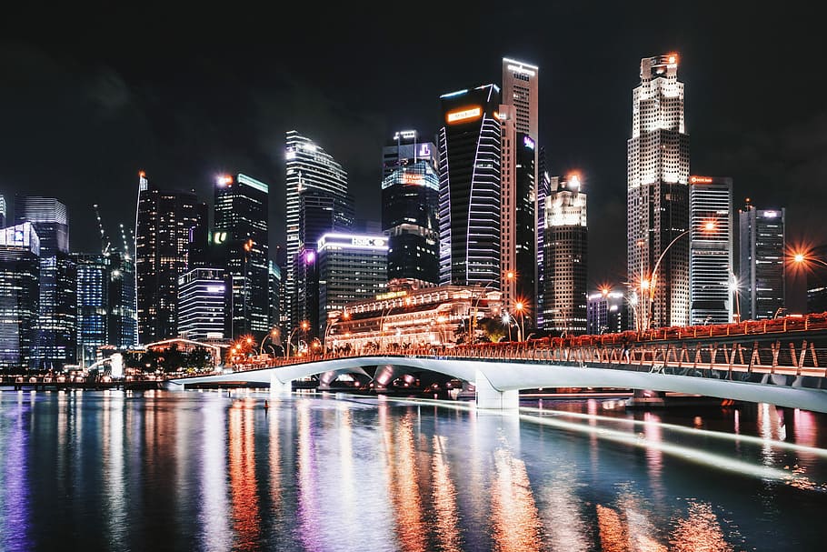 white concrete bridge near lighted high rise buildings during nighttime HD wallpaper