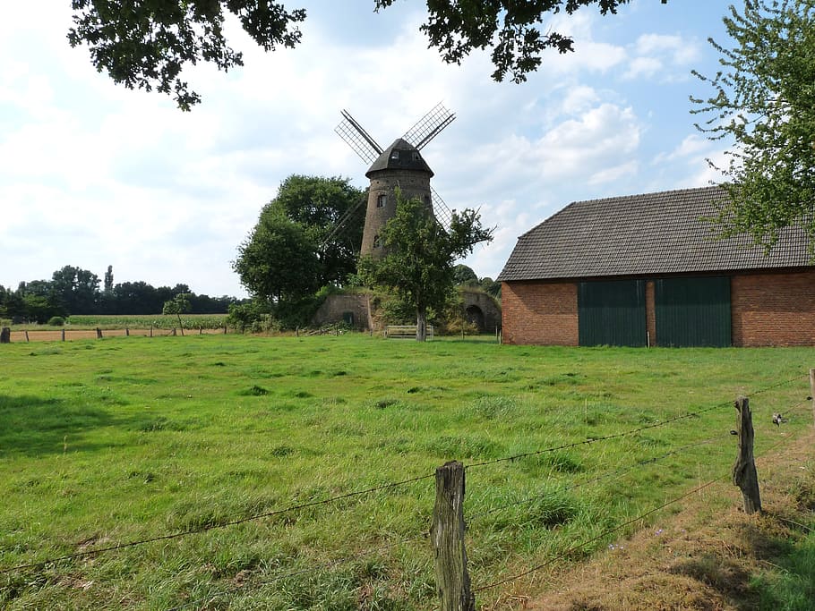 windmill, barn, fence, niederrhein, river landscape, meadow HD wallpaper