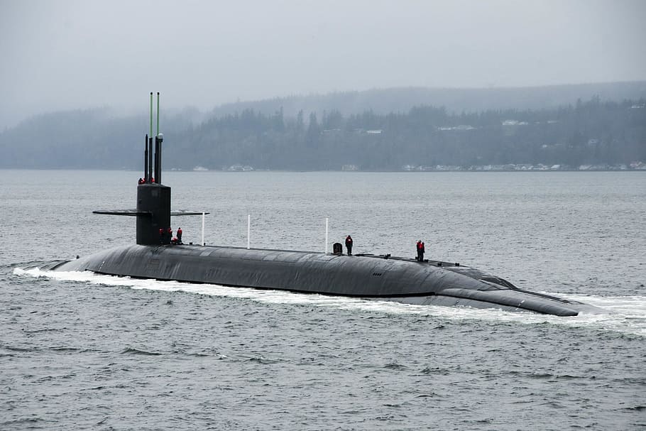 photo of black submarine under white clouds at daytime, Navy HD wallpaper