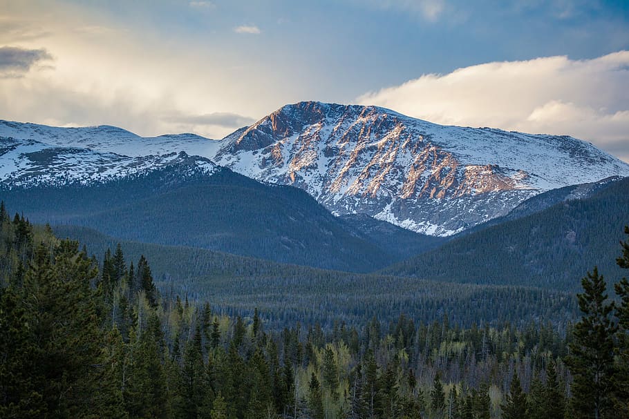 snow-covered mountains, white and brown rocky mountain surrounded green pine trees during daytime HD wallpaper