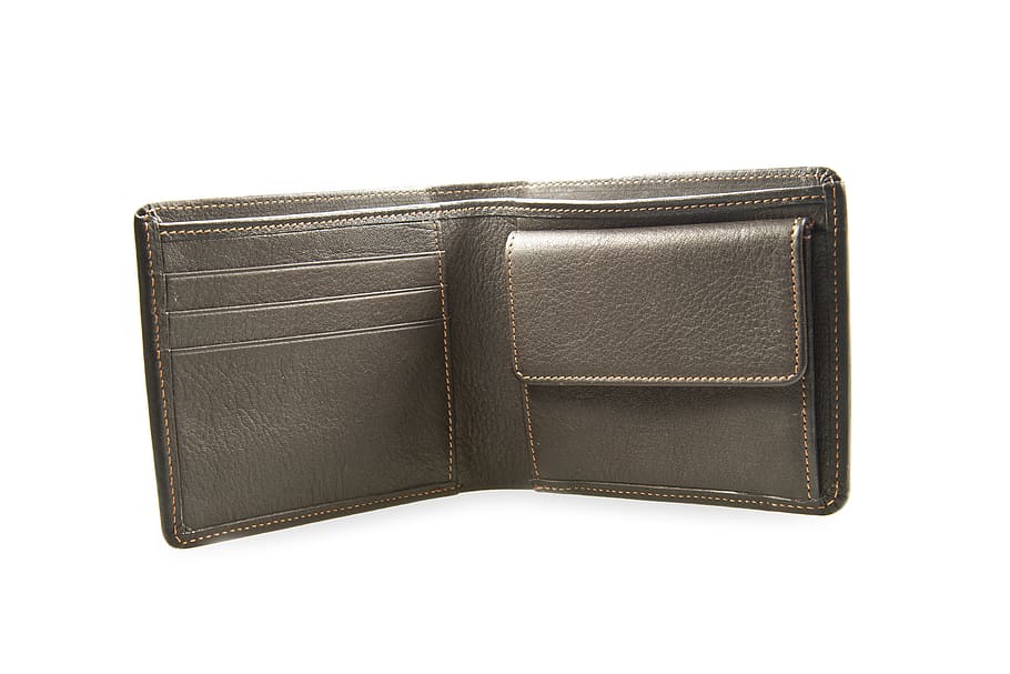 gray leather bifold wallet, purse, money, pay, men's wallet, man purse