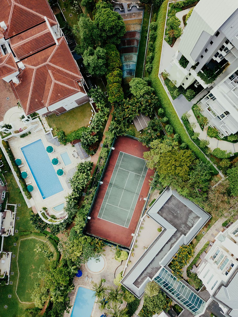 aerial photo of tennis court, aerial view of tennis court, landscape HD wallpaper