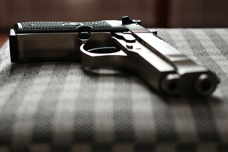 gun, weapons, army, selective focus, handgun, no people, indoors HD wallpaper