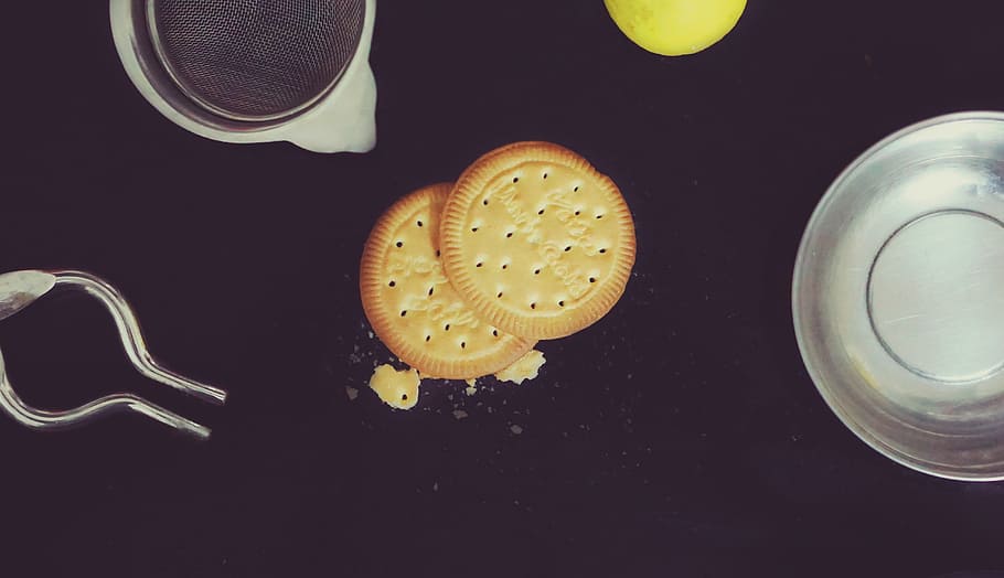 flat lay photography of biscuits beside mug and saucer, lemon HD wallpaper