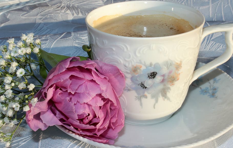 white floral ceramic cup filled near flower, coffee cup, saucer HD wallpaper