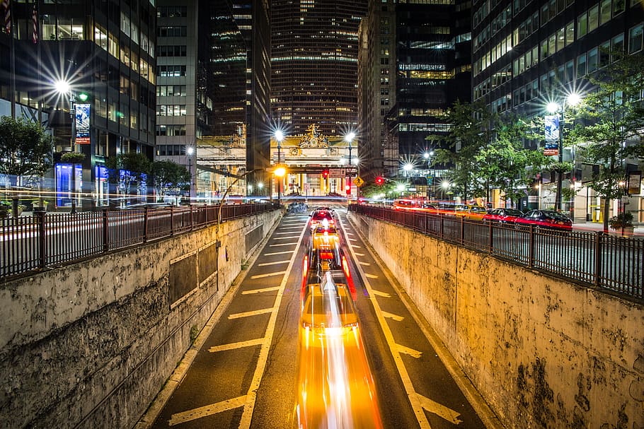 time lapse photo of moving cars, tunnel, exit, night, street HD wallpaper