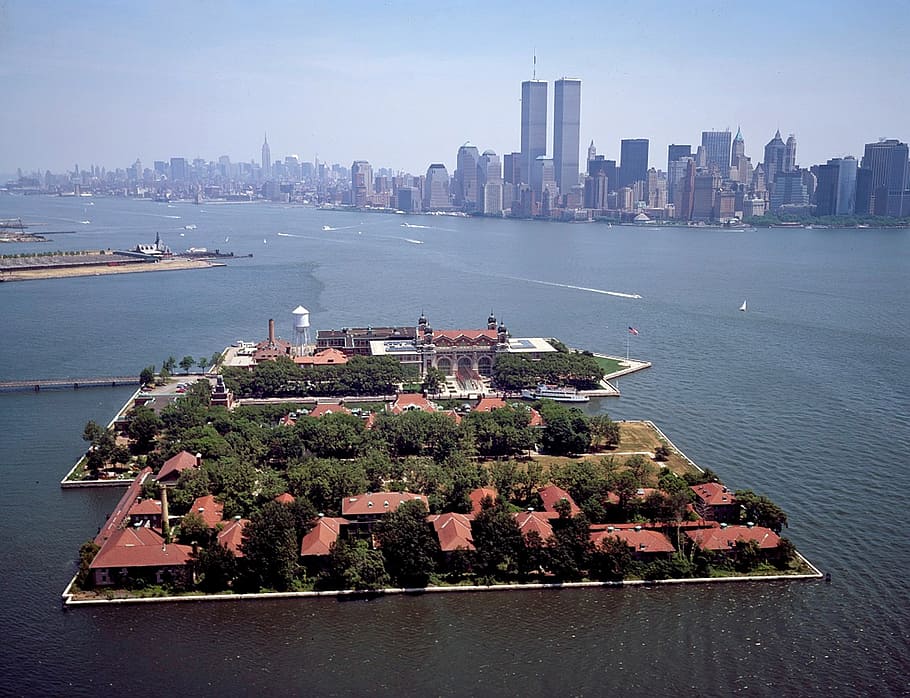 aerial photo of New York City, ellis island, skyline, urban, bay