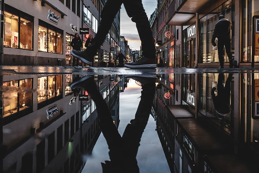 person reflecting on ground water, road covered with water, reflection HD wallpaper