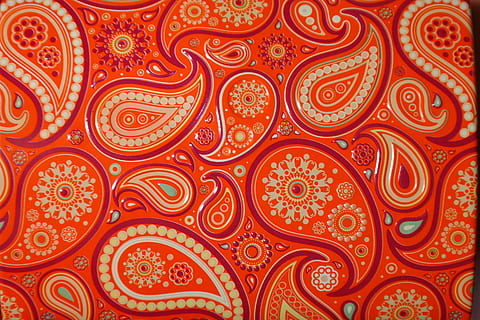 orange and white paisley pattern, red, yellow, ornament, ornaments HD wallpaper