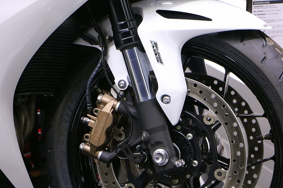 technology, motorcycle, front wheel, brake, disc brakes, fork, HD wallpaper