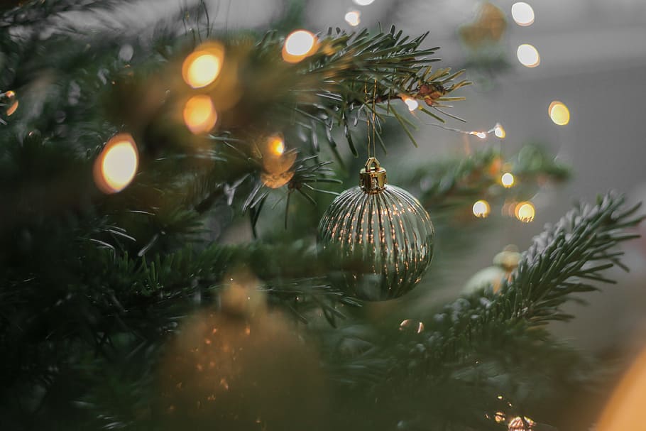 selective focus photography of bauble on Christmas tree, lights