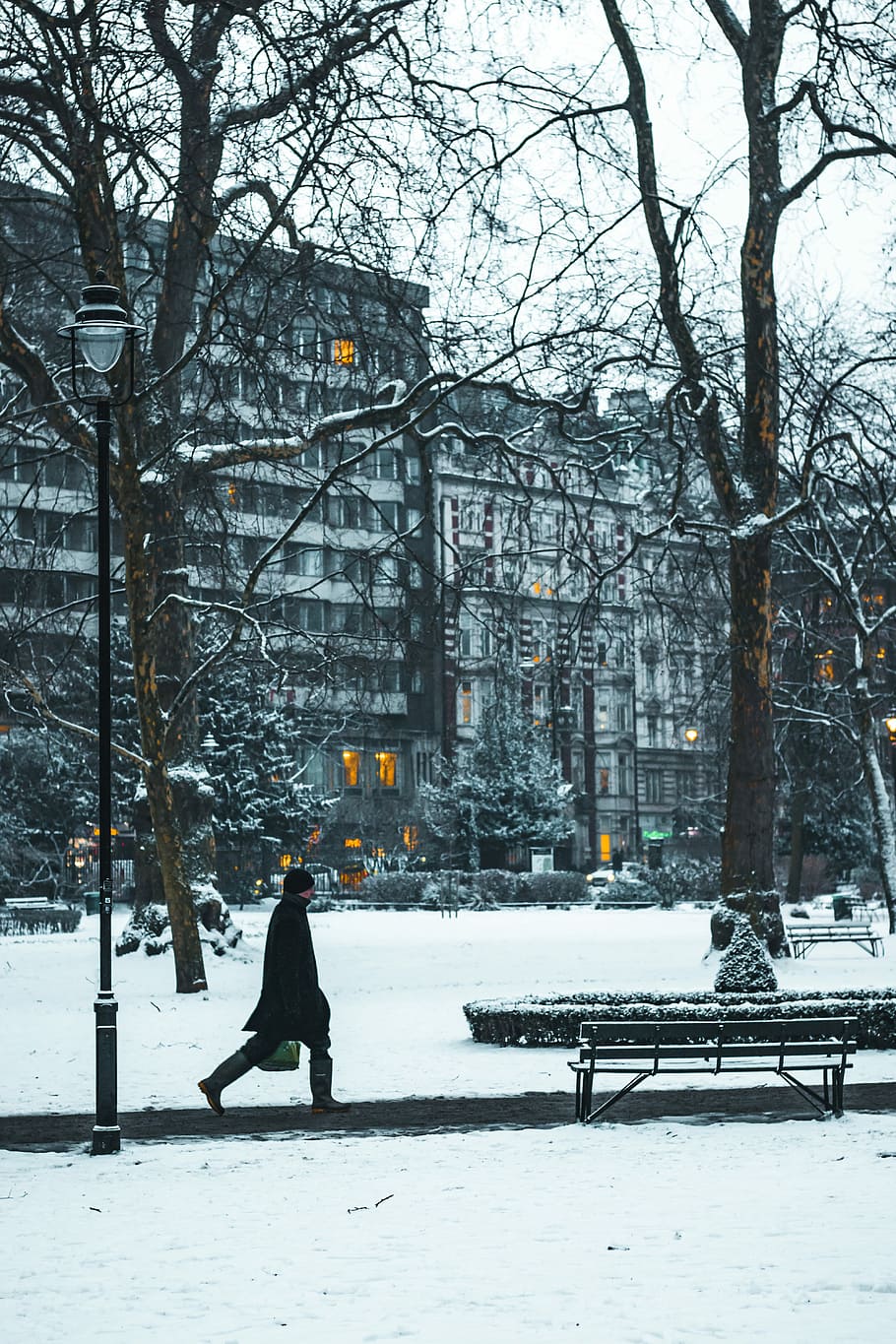 person walking near bench covered on snow, person walking on the road HD wallpaper