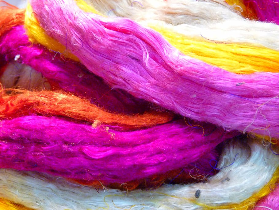 pink, white, and yellow textiles, raw silk, colored, colorful